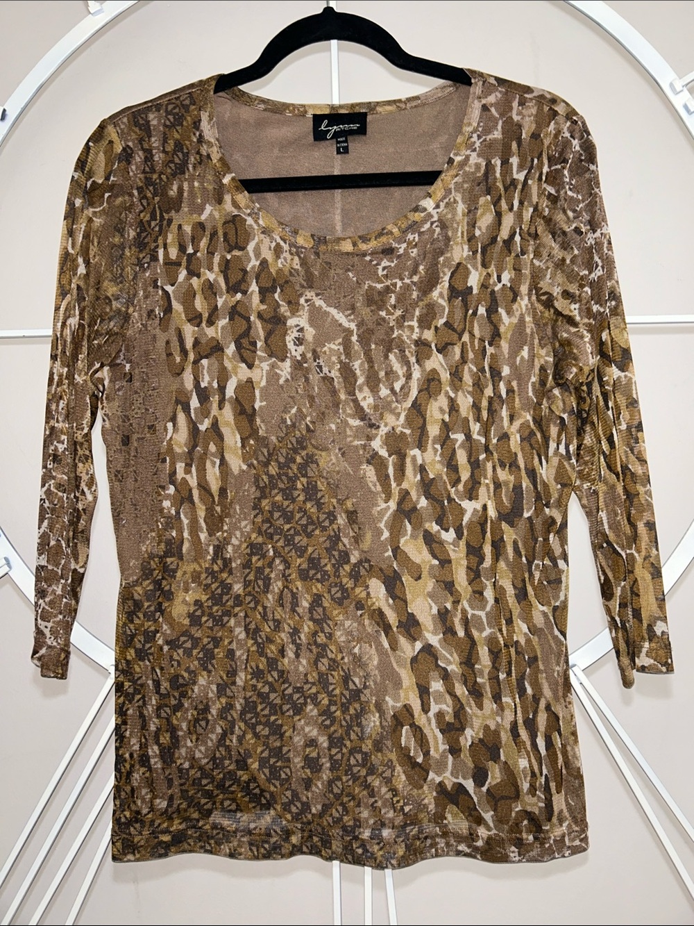 Lysse Brown 100% Silk Printed Long Sleeve Scoop Neck Top